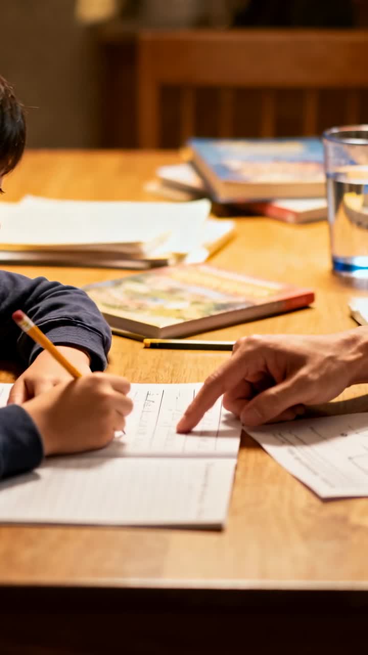 Vertical video: Pointing adult guiding child in navy top writing worksheet at table, with pencil
