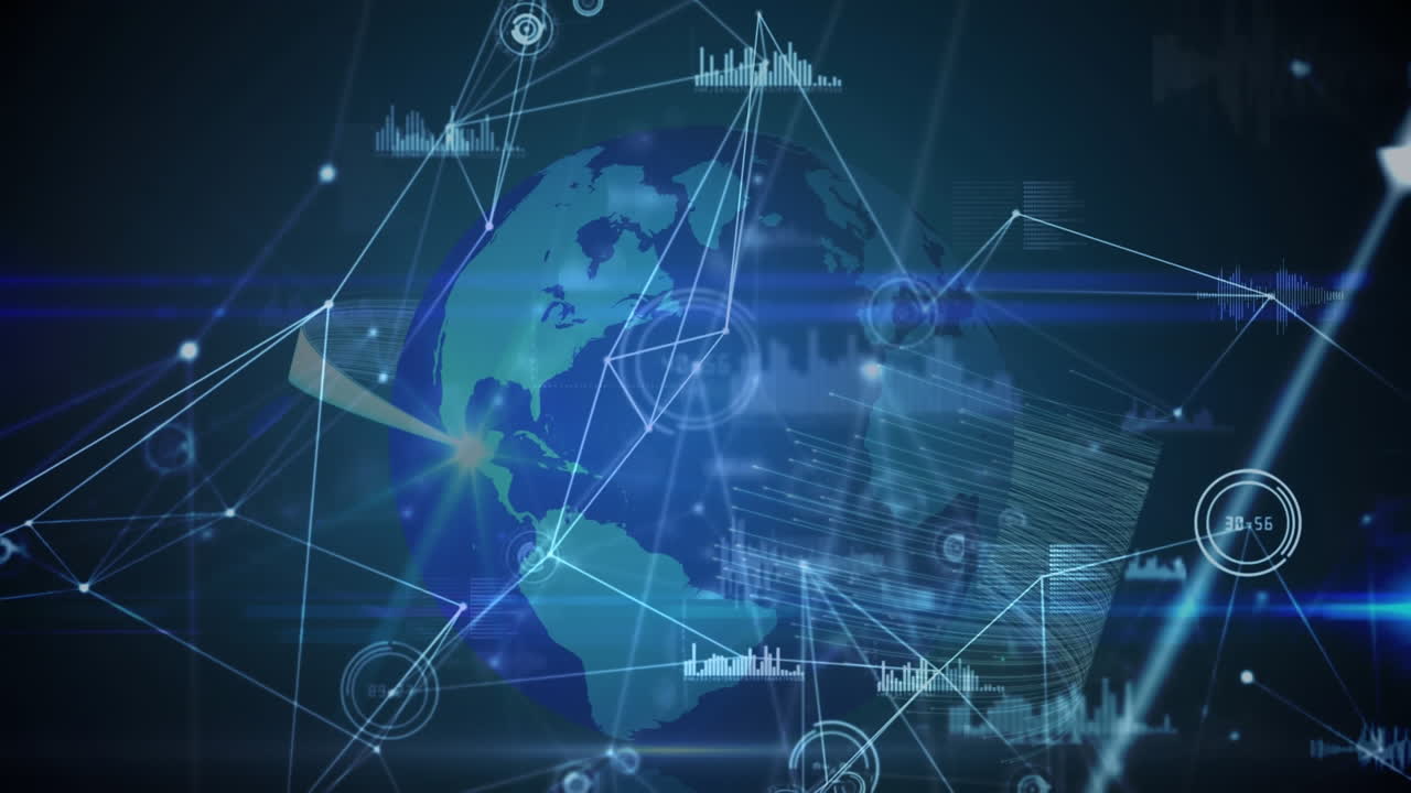 검은색 배경에 전 세계에 대한 데이터 처리와 연결 네트워크의 애니메이션