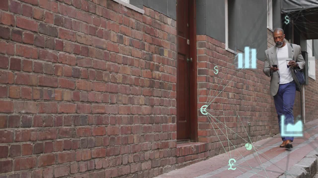 Mature man walking down brick alley, tapping phone and checking market data while AR charts forming