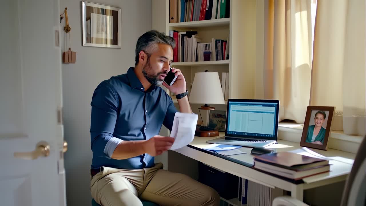 En mand taler i sin mobiltelefon, mens han sidder ved et skrivebord