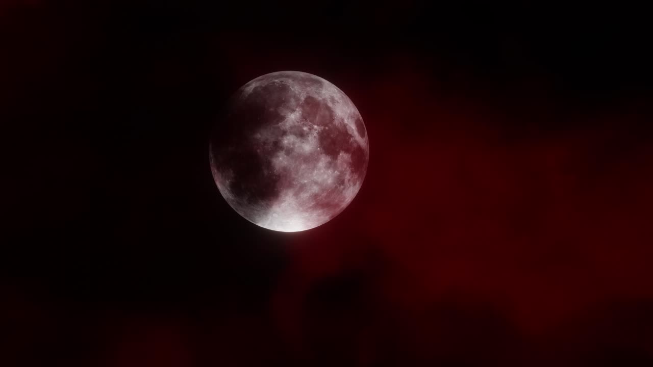 Blood moon rising through thick overcast red clouds, haunted horror scene background