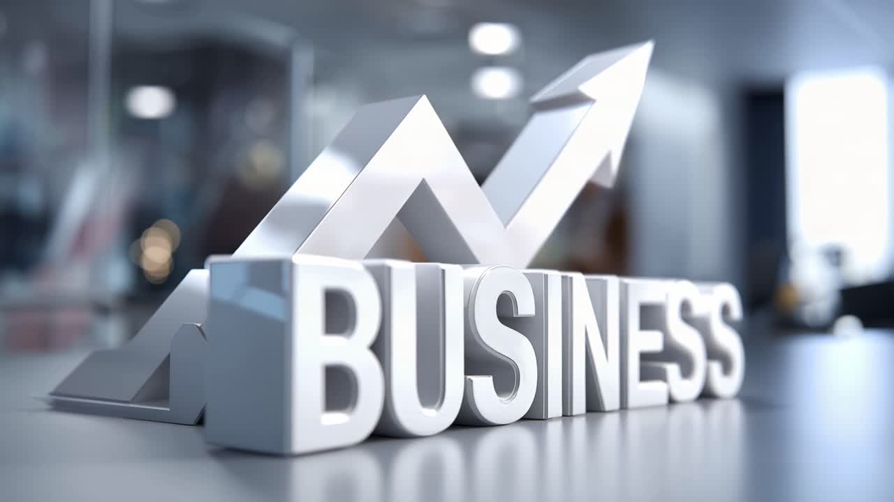 White 3D letters spell "BUSINESS" with a rising arrow behind. Modern office blurred in background, soft lighting enhances focus. Professional atmosphere suggests growth, ambition, and strategic vision