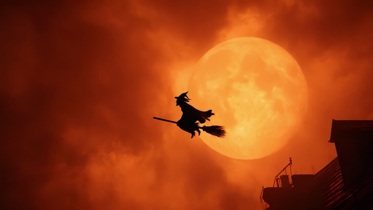 Un volo mistico attraverso il cielo notturno: una strega vola sulla luna rossa mentre nuvole minacciose si spostano, proiettando ombre su un paesaggio spettrale