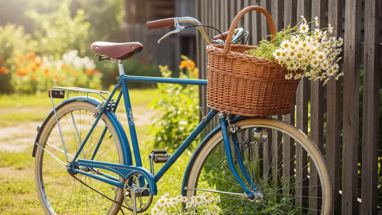 Charmerende vintagecykel med en fletkurv fuld af blomster mod en frodig grøn baggrund, der perfekt fanger en glad sommerstemning