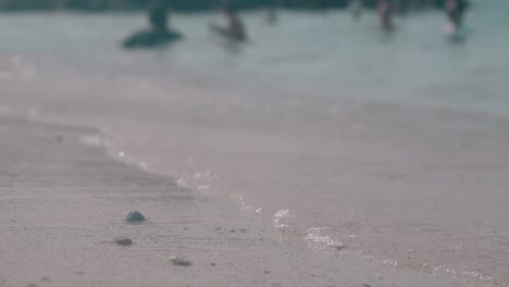 waves roll on beach against blurry swimming people