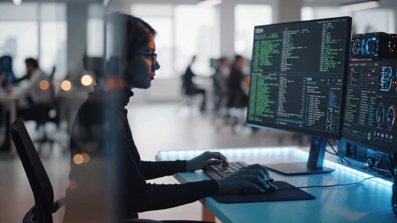Focused Programmer Analyzing Data in Modern Office Environment Surrounded by Technology on Dual Monitors with Code and System Information Displayed