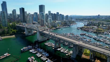 Rising-Over-Burrard-Street-Bridge-And-False-Creek-Overlooking-Granville-Island-In-Vancouver,-British-Columbia,-Canada