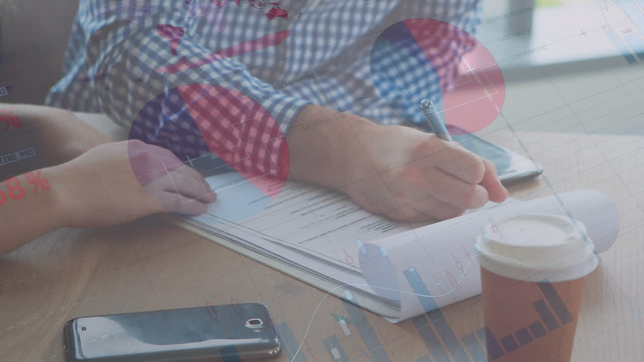 Animation of financial data processing over diverse business people writing in office