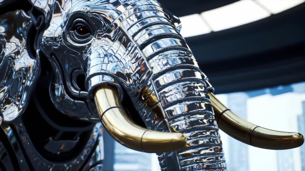 A Stunning Display of Modern Art: This Exquisite Metallic Elephant Sculpture Showcases Intricate Details and Bold Design, Capturing the Essence of Contemporary Creativity