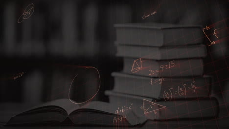 ecuaciones matemáticas con figuras y una pila de libros