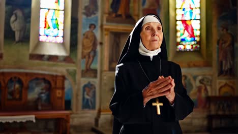 elderly nun praying in church