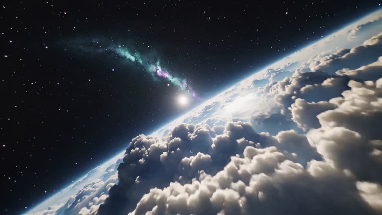 Kamera bergerak maju dan miring, awan naik, matahari berkobar, menampakkan nebula untuk desain luar angkasa.