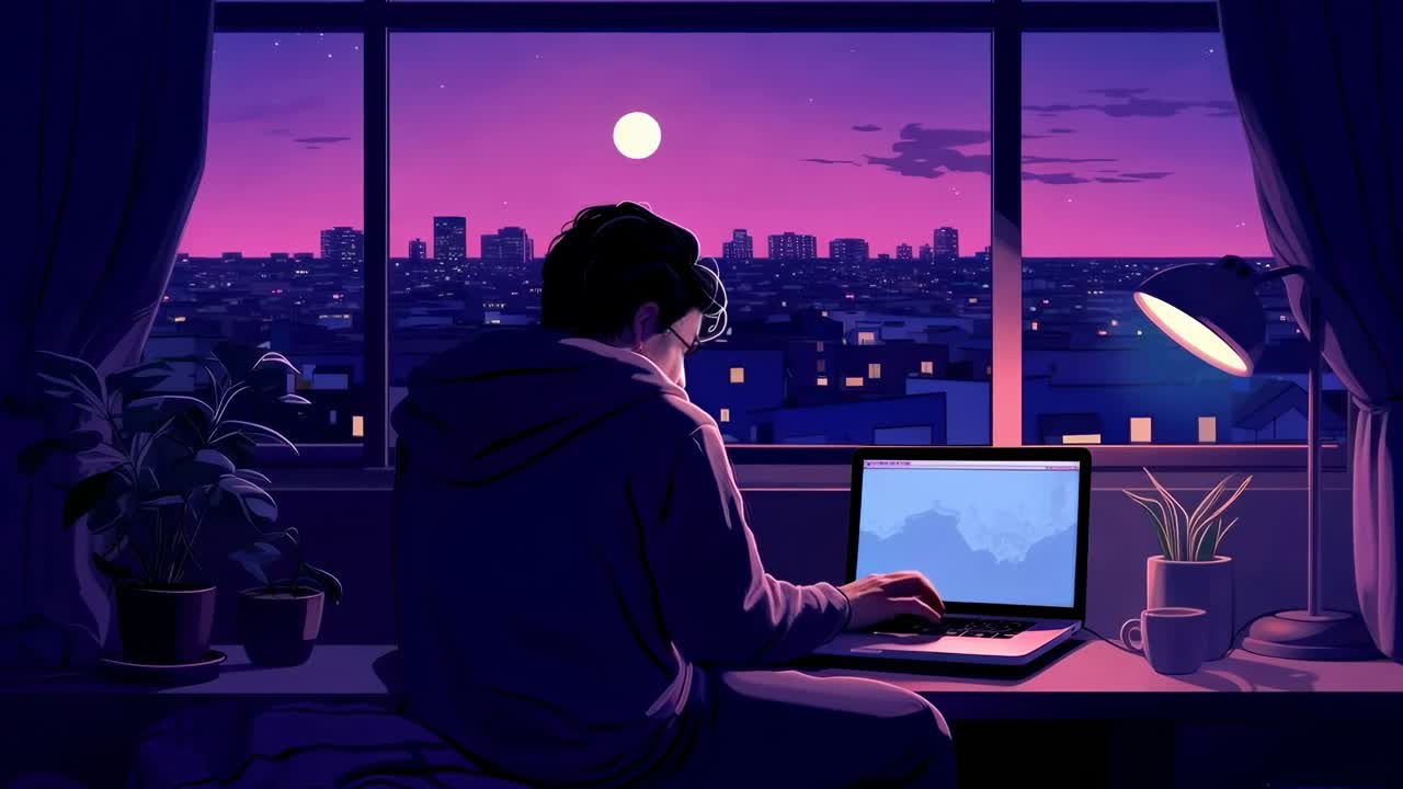 Una persona lavora su un laptop vicino a una finestra, con vista su uno skyline al crepuscolo