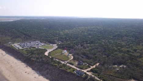 Gorgeous-View-Of-The-Nauset-Lighthouse-In-Eastham,-Massachusetts---Aerial-Shot