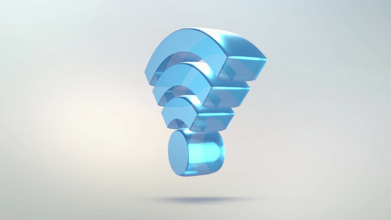 Wi Fi icon is made of glass. Translucent rotating Wi Fi icon with alpha channel blue green color. Seamless looping symbol 3D figure
