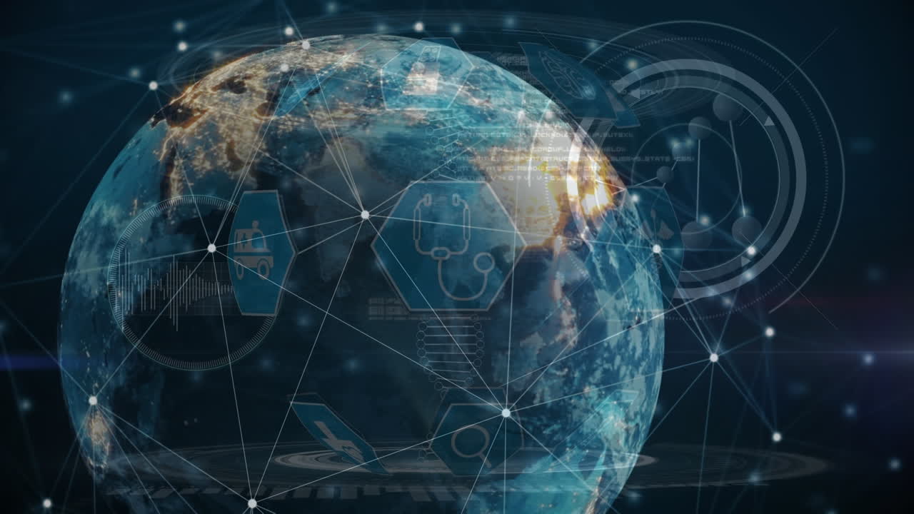 Animation of network of connections and dna strand with data processing over globe