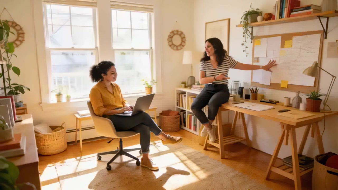 Right striped woman starting to explain pointing to pinboard as left typing laptop planning at home