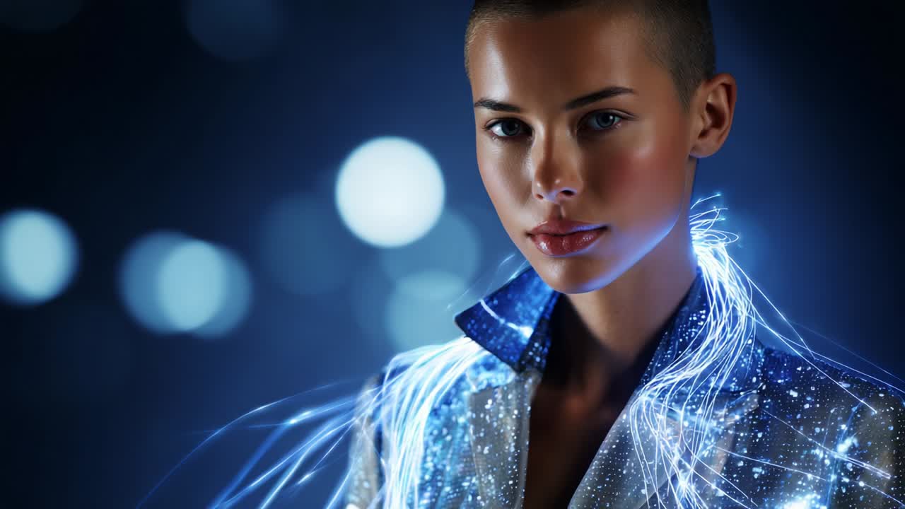 A striking portrait of a confident model wearing a dazzling, illuminated jacket that creates a futuristic aura, displaying intricate light trails and a captivating expression against a blurred backdrop of shimmering lights