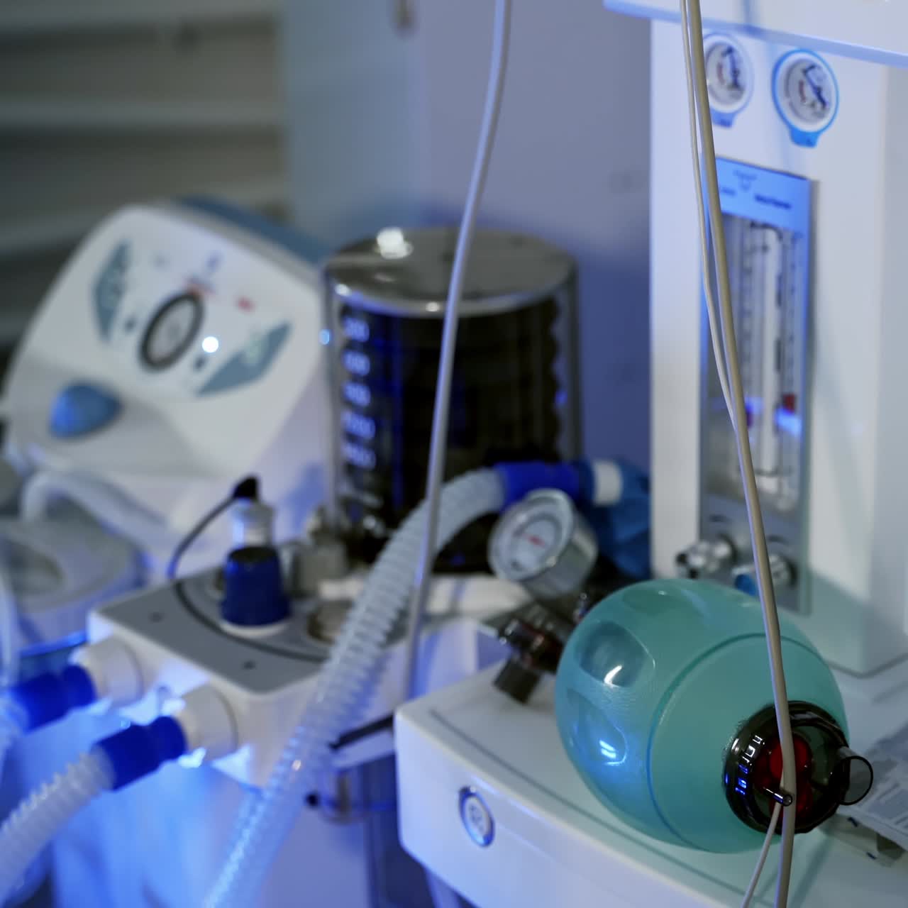 Medical equipment for patient's life support. Medical pump is pumping up and down. Device of artificial ventilation of the lungs. Coronavirus concept.
