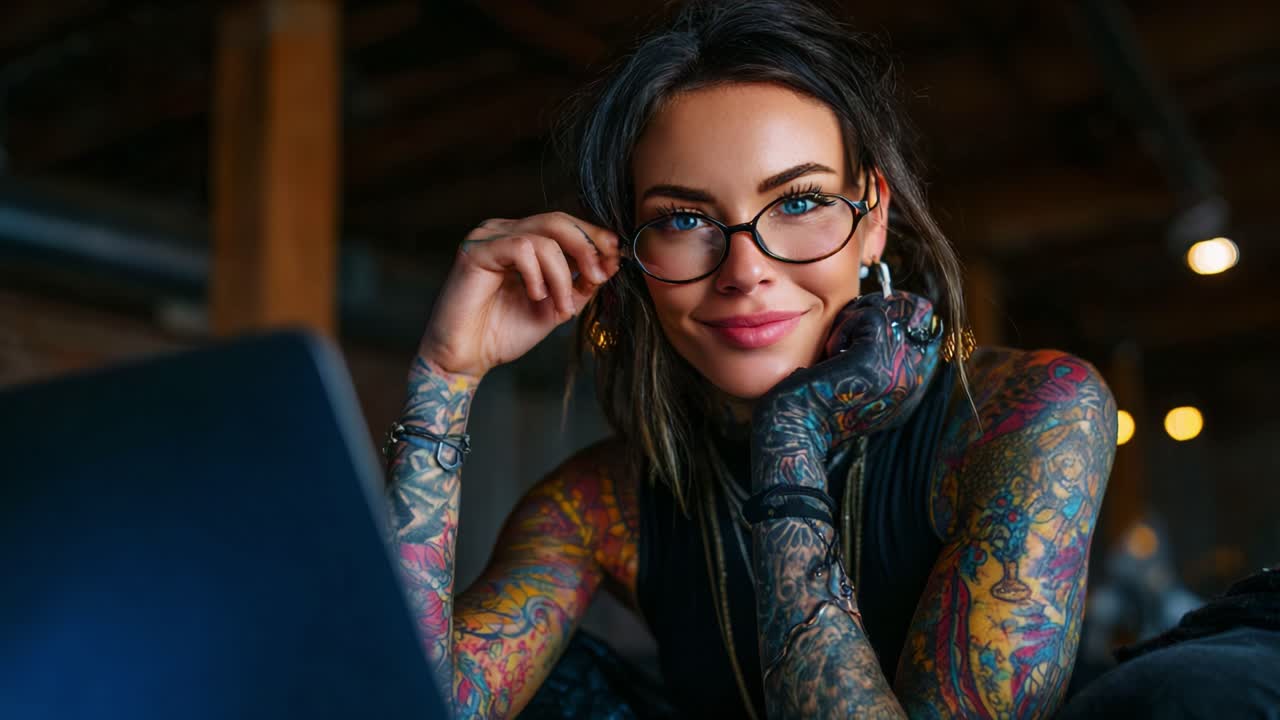 Captivating Image of a Stylish Individual with Intricate Tattoos and Glasses, Engaged in a Thoughtful Pose While Working on a Laptop in a Cozy Indoor Environment