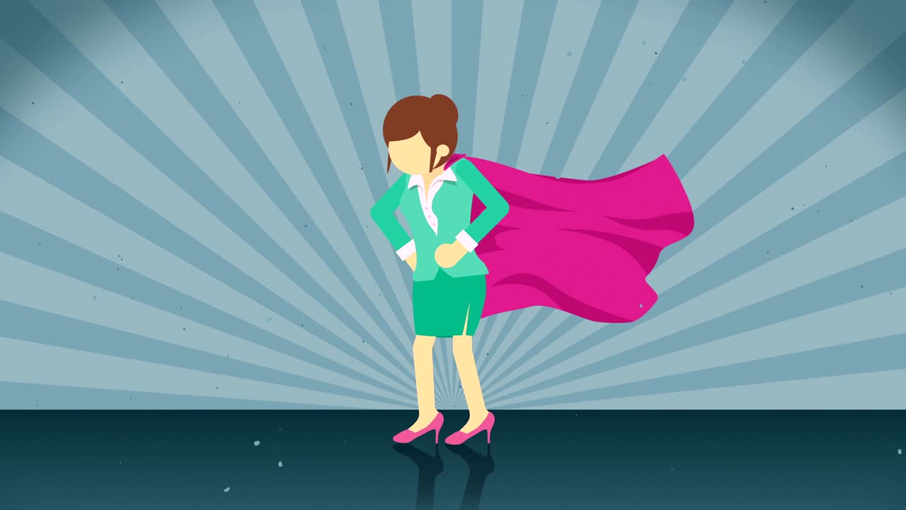 superhéroe de pie en el fondo de la explosión solar. fondo de rayos de sol. concepto de mujer de negocios. animación de bucle cómico.