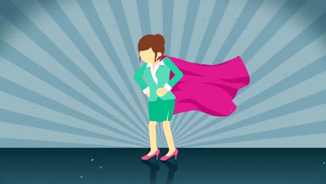 superhéroe de pie en el fondo de la explosión solar. fondo de rayos de sol. concepto de mujer de negocios. animación de bucle cómico.