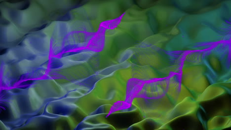 animación de nubes púrpuras flotando sobre un fondo líquido azul y verde