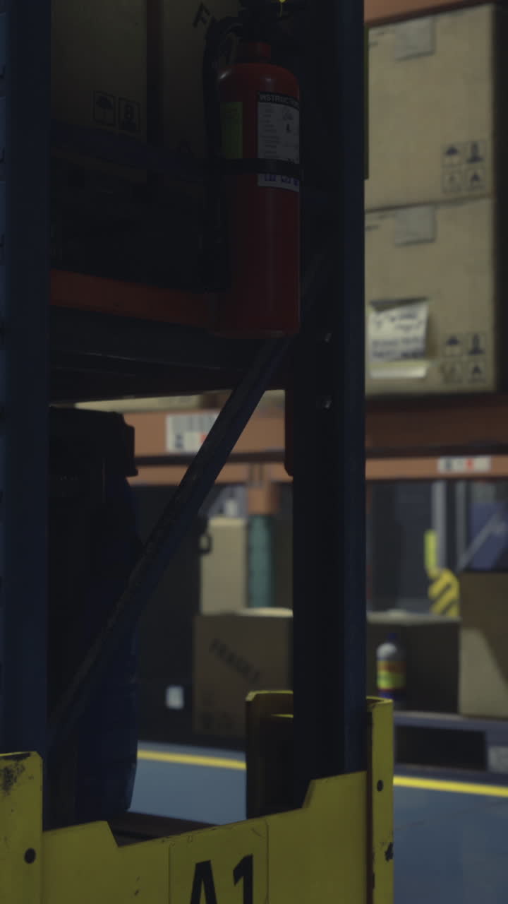 Evening warehouse with stacked crates and storage containers