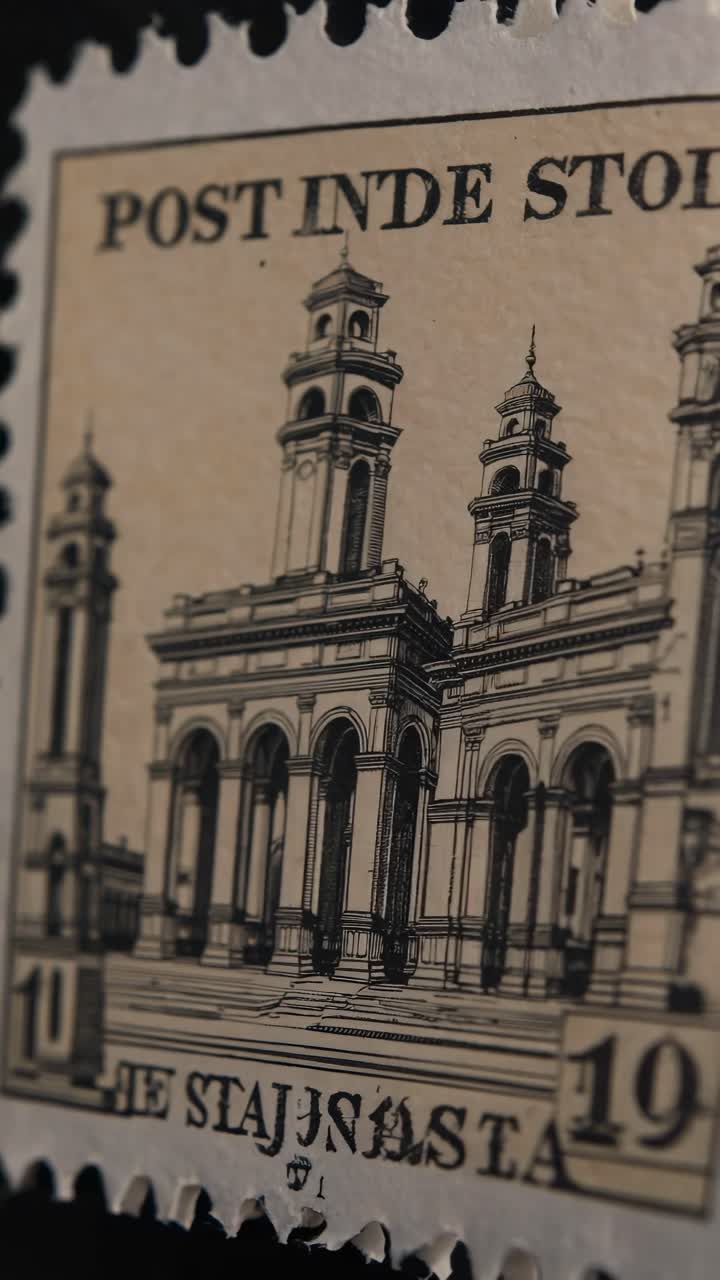 Vídeo em close-up de um selo postal vintage apresentando designs arquitetônicos complexos em tons sépia