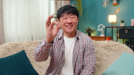 asian cheerful man smiling at camera giving ok gesture positive assurance confirming everything fine