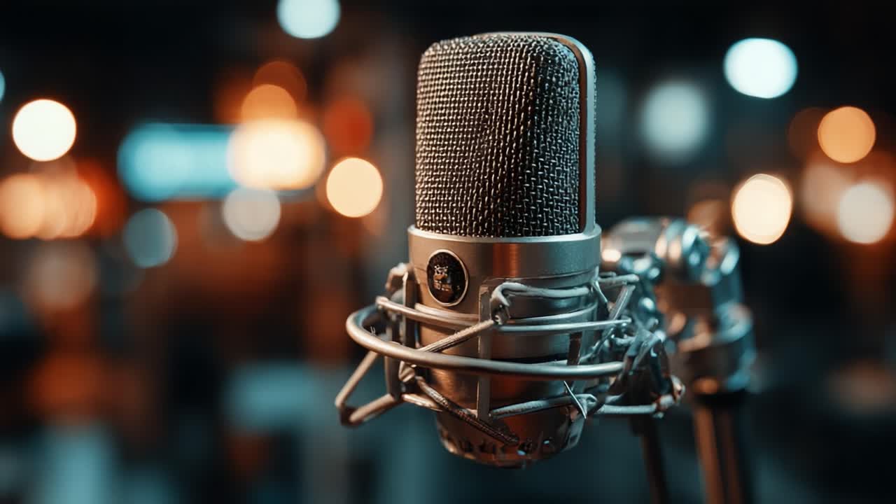 A Stunning Close-Up of a Microphone Captured in a Vibrant Studio Setup, Showcasing Its Design and Reflecting the Atmosphere of Music Creation and Sound Recording