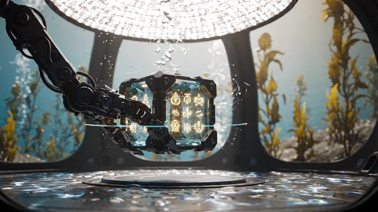 Un braccio robotico futuristico manipola delicatamente un cubo luminoso sott'acqua, illuminato da una fonte di luce ipnotizzante, circondato da una lussureggiante vegetazione acquatica.