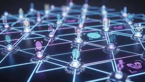 a futuristic digital network displaying interconnected interfaces, icons, and data points highlighting technology's influence on modern connectivity and information exchange