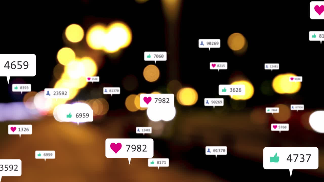 소셜 미디어 아이콘과 숫자의 애니메이션 초점이 맞지 않는 도시 불빛