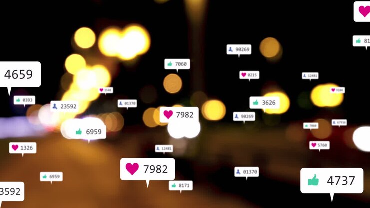 Animation of social media icons and numbers over out of focus city lights
