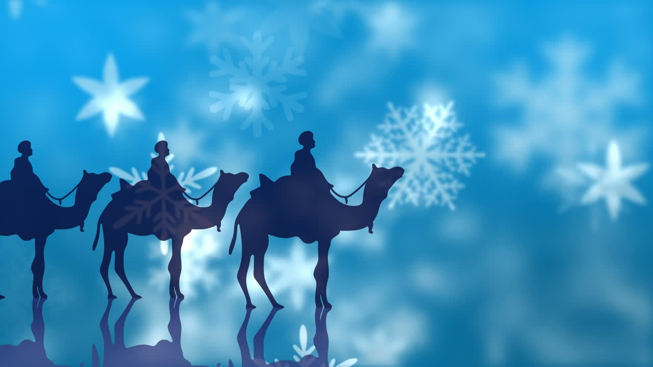 animación de tres reyes en siluetas de camellos sobre copos de nieve