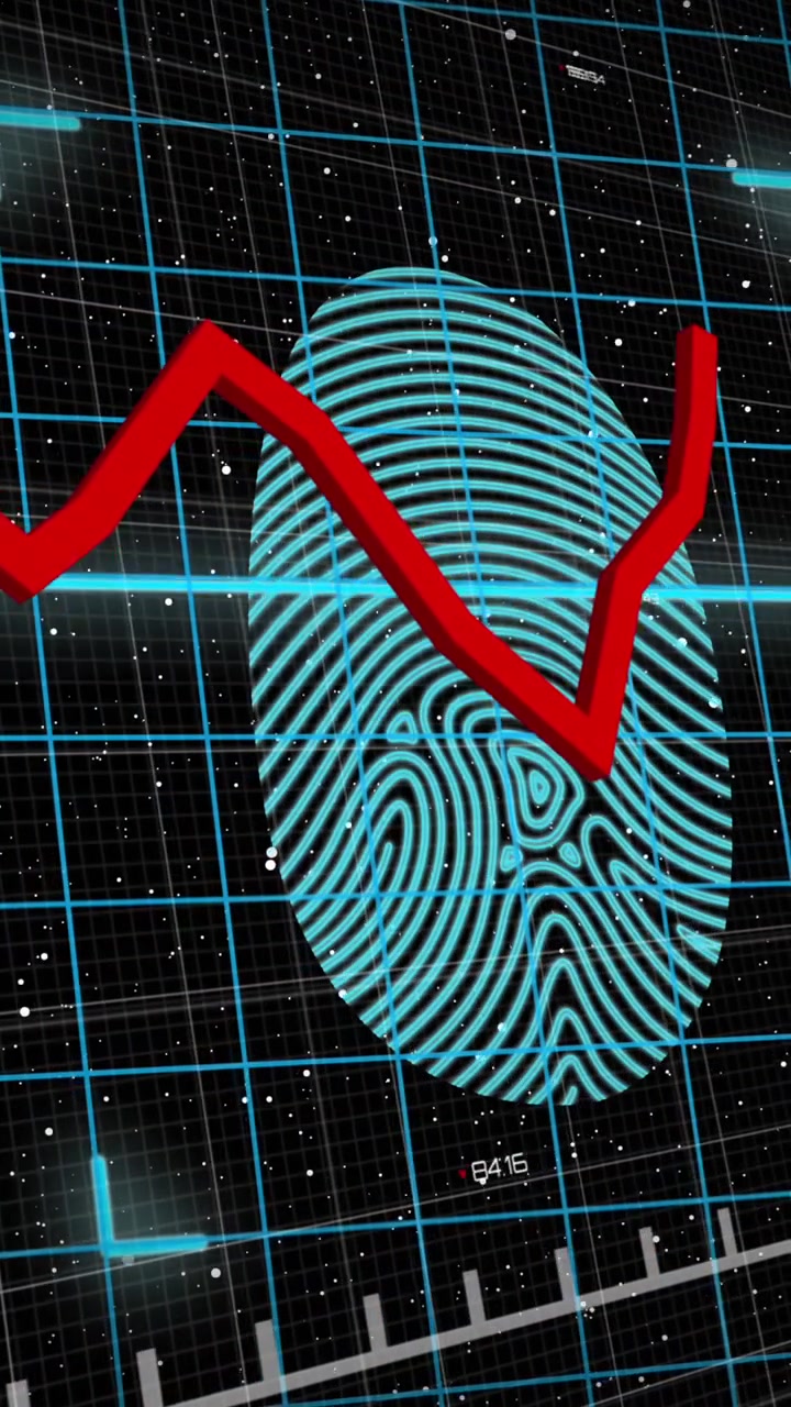 Animation of fingerprint and padlocks over data processing