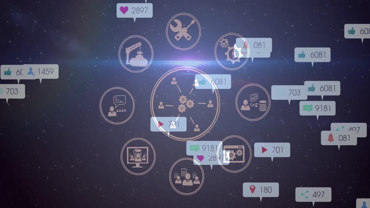 Animation of glowing light with network of social media icons and numbers