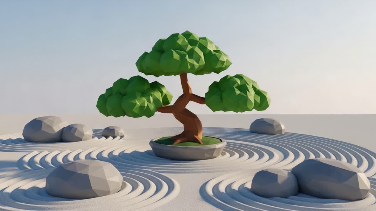 A Tranquil Scene of a Stylized Bonsai Tree Surrounded by Smooth Rocks and Gentle Ridges in a Serene Zen-like Landscape