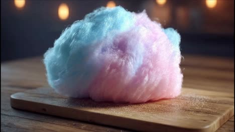 cutting into a block of blue and pink cotton candy