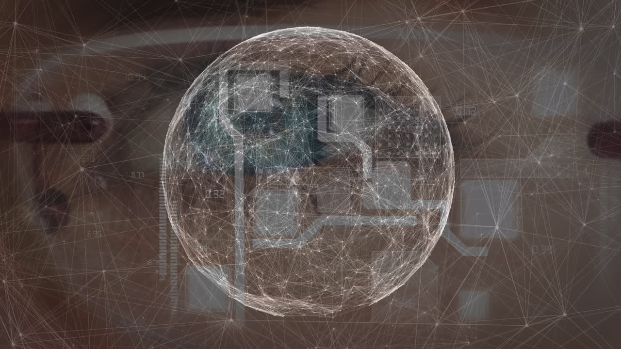 animación de conexiones y globo sobre el ojo de la mujer caucásica