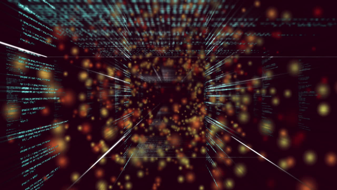 Animation of yellow dots over data processing on black background