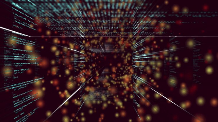 Animation of yellow dots over data processing on black background