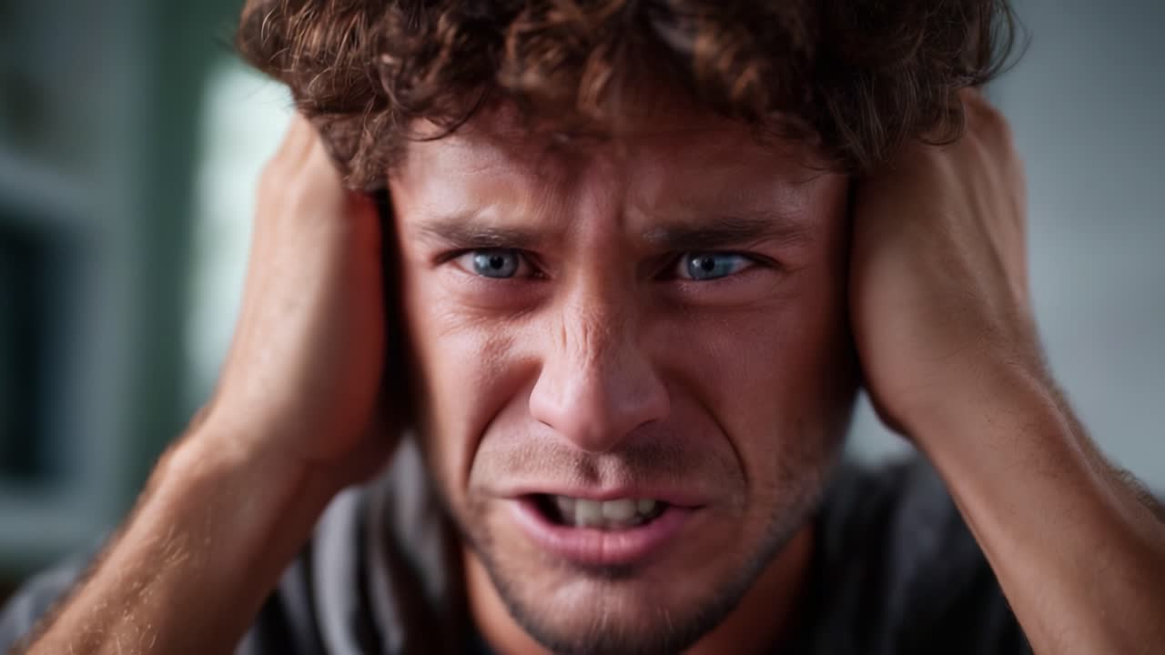 A young man expressing intense emotion, covering his ears to block out noise, showcasing a moment of distress and agitation in an indoor environment