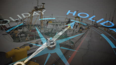 animación de brújula con texto de vacaciones sobre barcos atracados en la marina