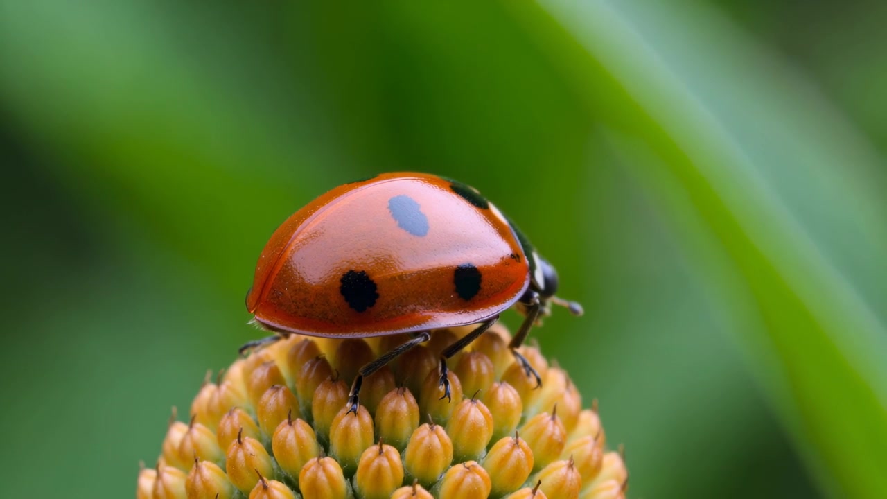 Shifting red ladybug rebalancing on orange-yellow bud in garden, raising elytra and taking flight