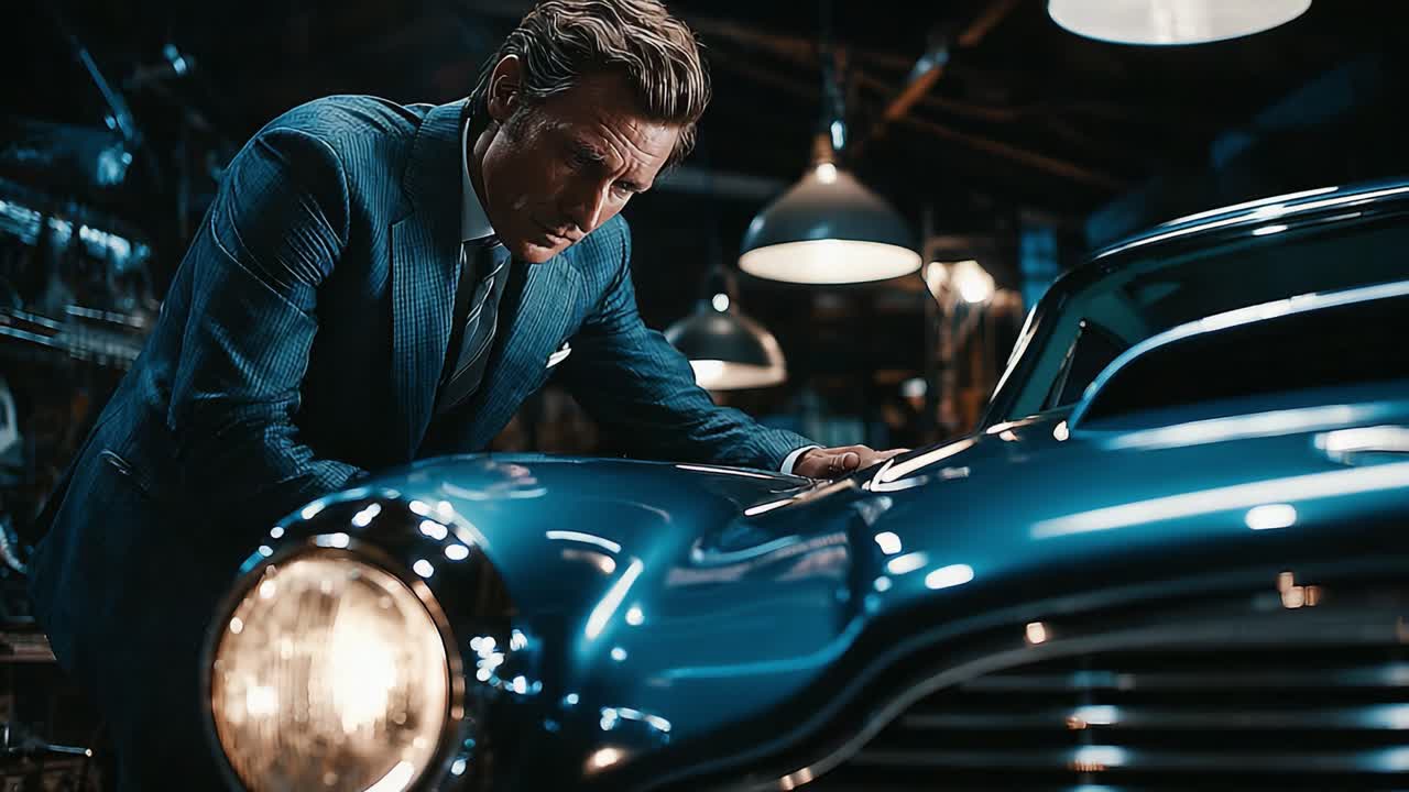 A Deep Reflection: The Elegance of a Classic Blue Car Captured in Intimate Frames with a Stylish Gentleman's Touch in a Vintage Workshop Setting