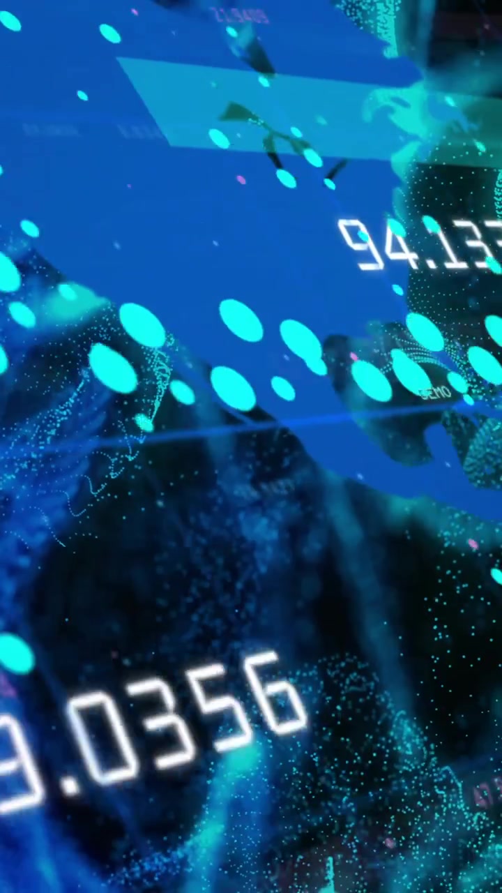 Animation of data stream processing over blue world map and network waves on black background
