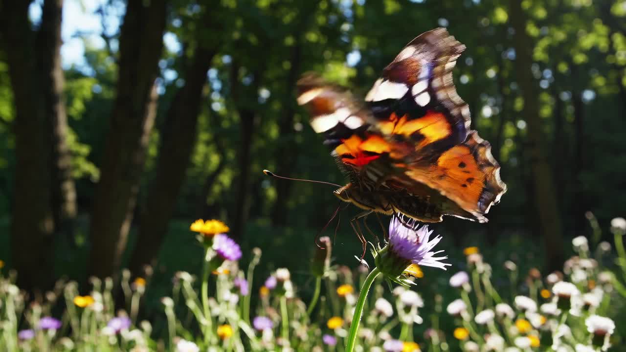 Scena di una foresta illuminata dal sole, ripresa da un angolo basso per mettere in risalto fiori selvatici e alberi