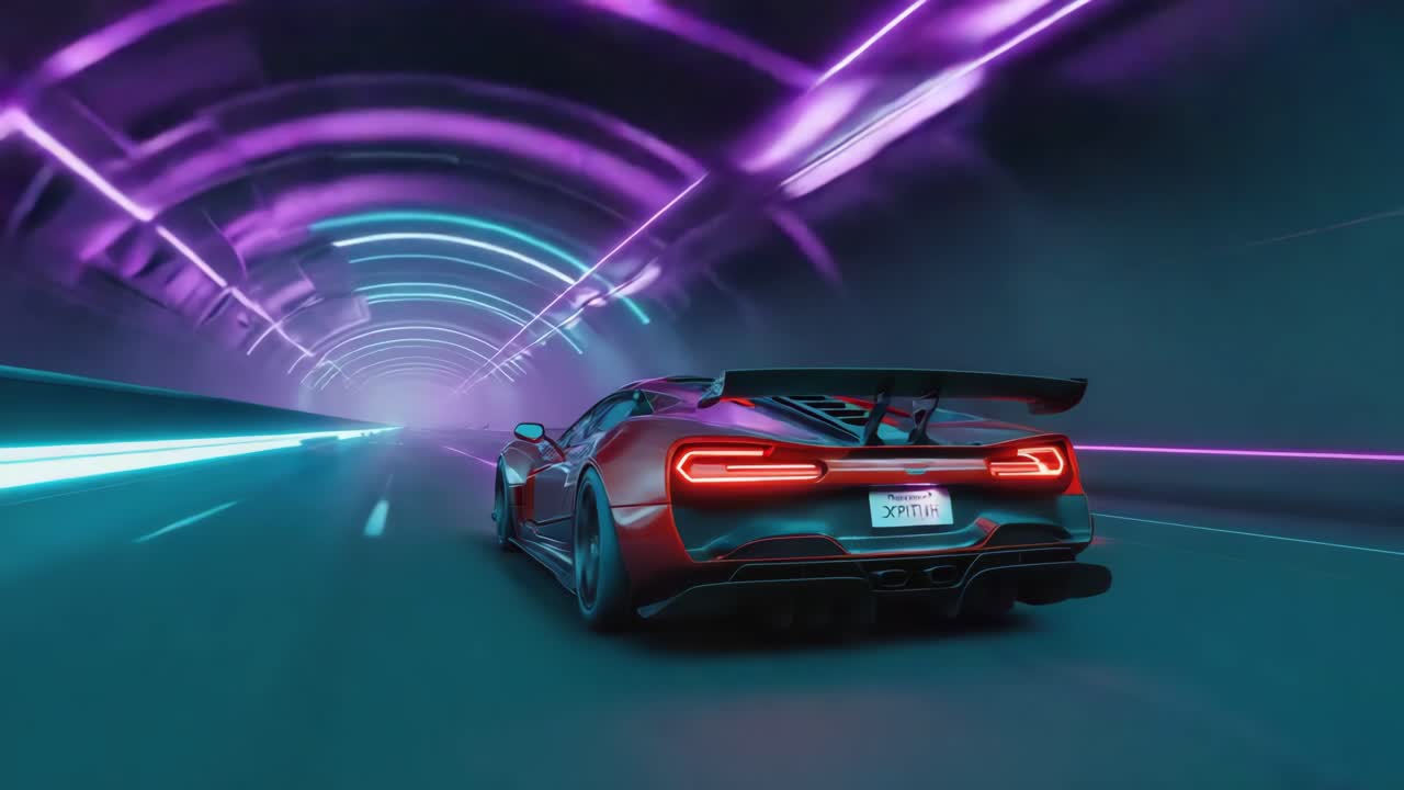 Sports car speeding through a neon-lit tunnel